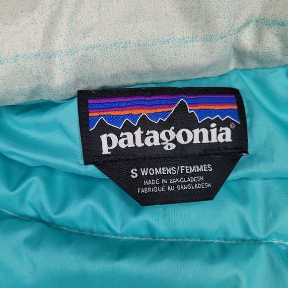Rare Patagonia Womens Small AQUA Mint Stripe Goose Down Puffer Jacket Warm Snow - Picture 4 of 15